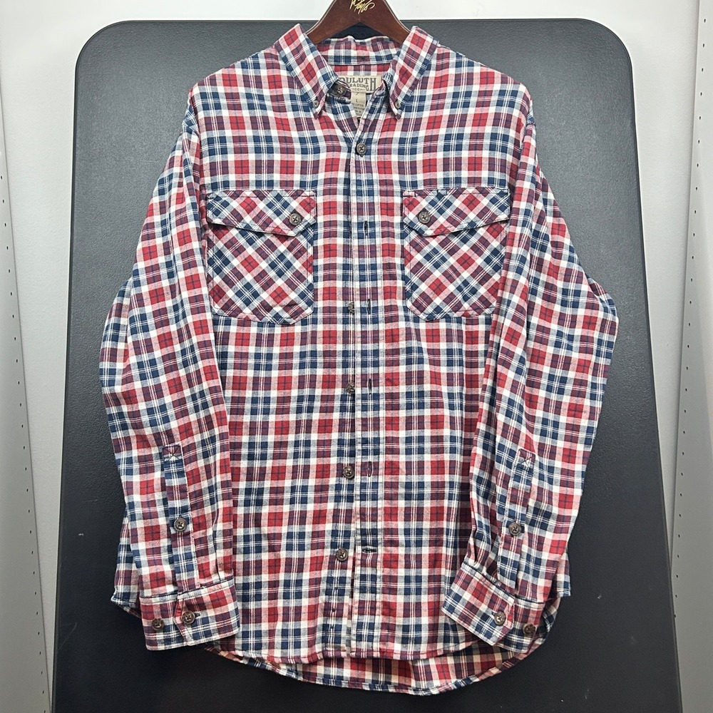 Duluth Trading Button Down Shirt L Men Work Casual Plaid Red Blue Cotton